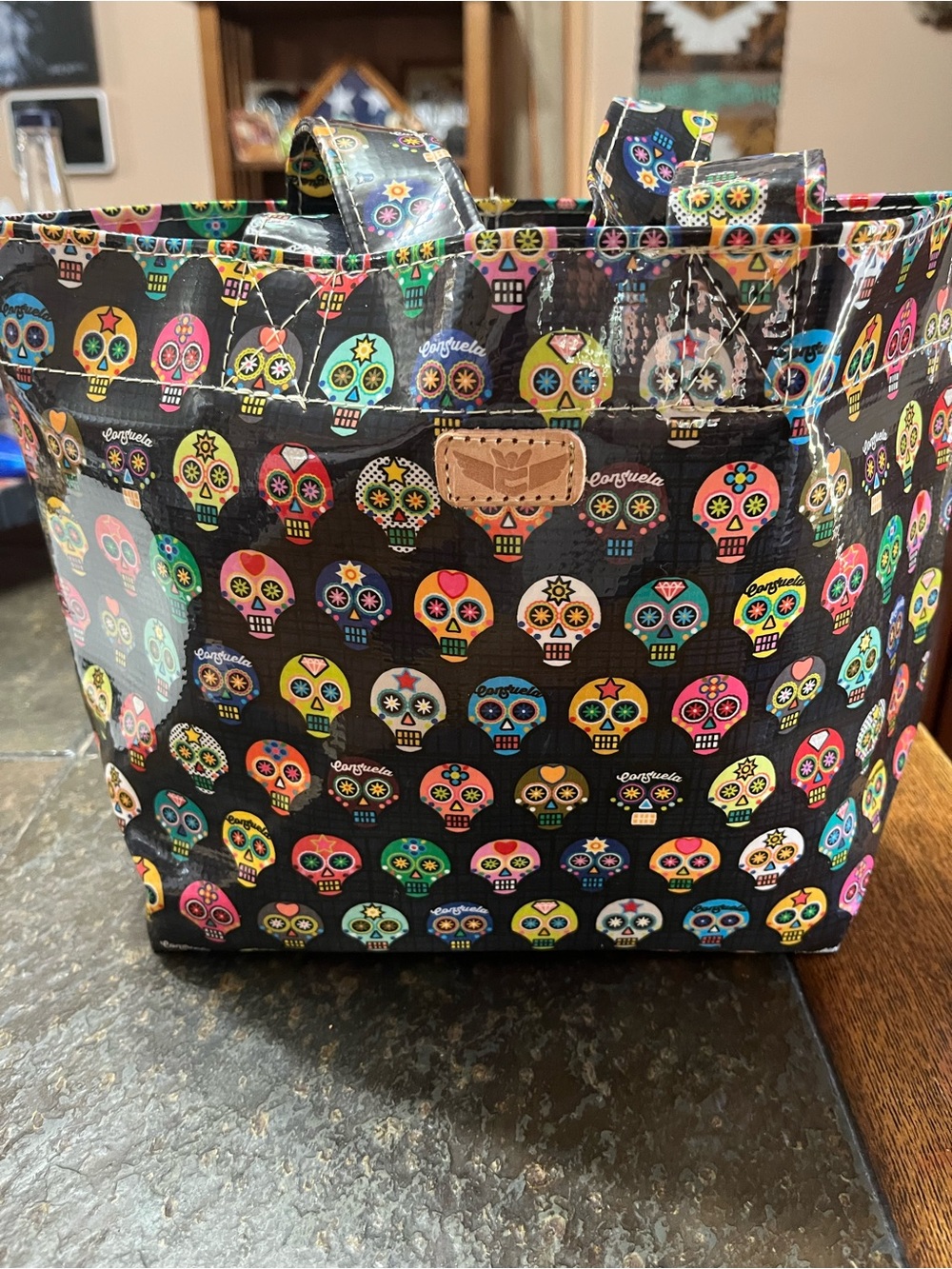 Consuela Black Tote with Multicolor Sugar Skull Print